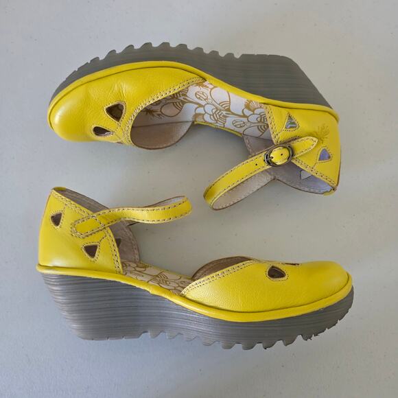 Fly London Yellow Leather Mary Jane Wedge Shoes Women Size 41 Comfort Cutout - Picture 15 of 15